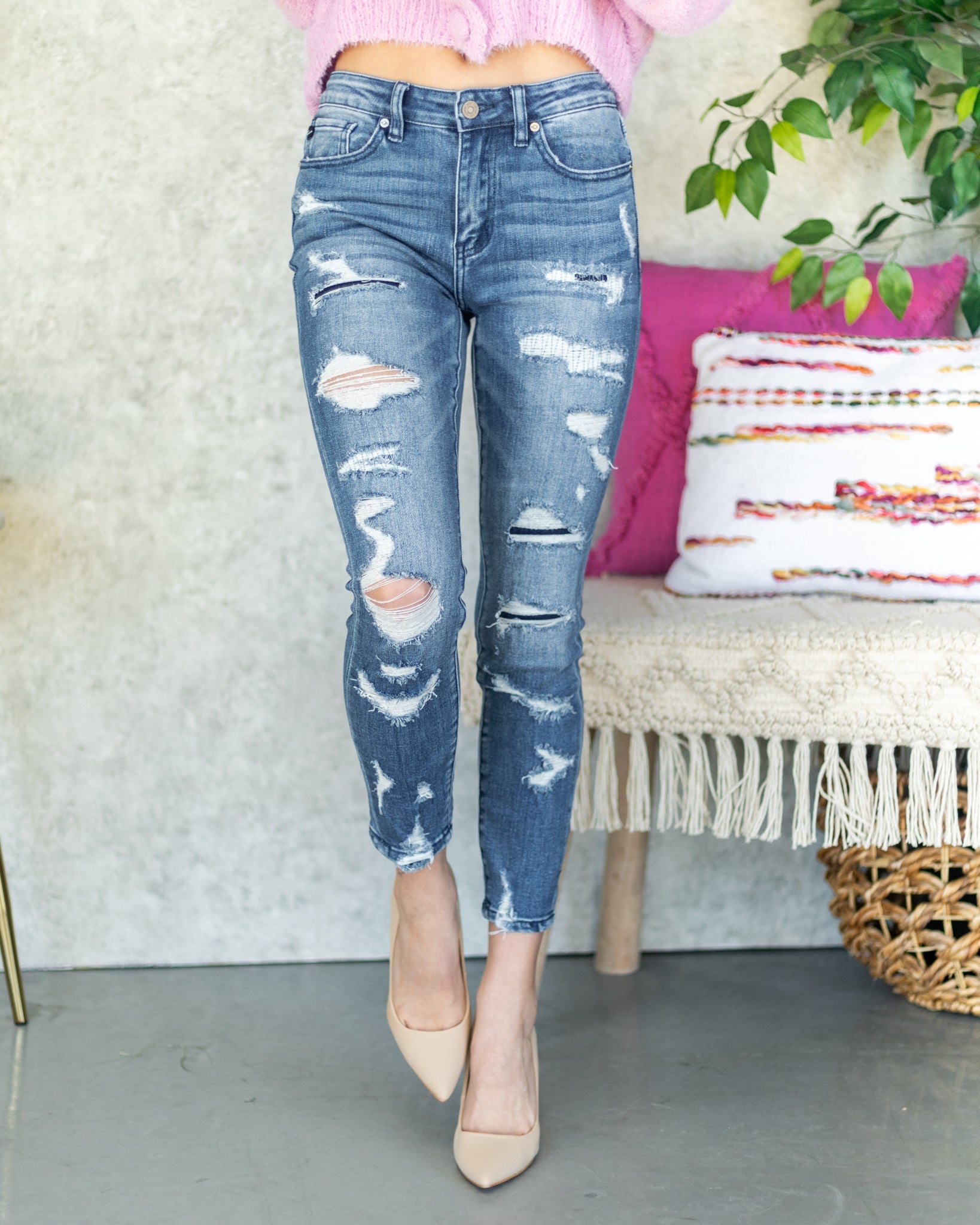 Alexa Distressed Patchwork Skinny Jeans - Medium Wash