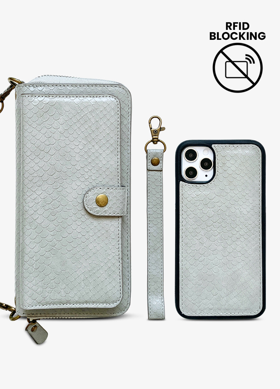 2-in-1 RFID Crossbody Wallet Phone Case in Gray Snakeskin